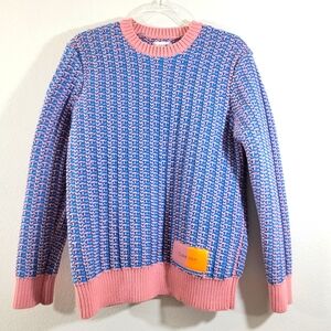 CALVIN KLEIN blue pink heavy-weight chunky braided knit popover crewneck sweater